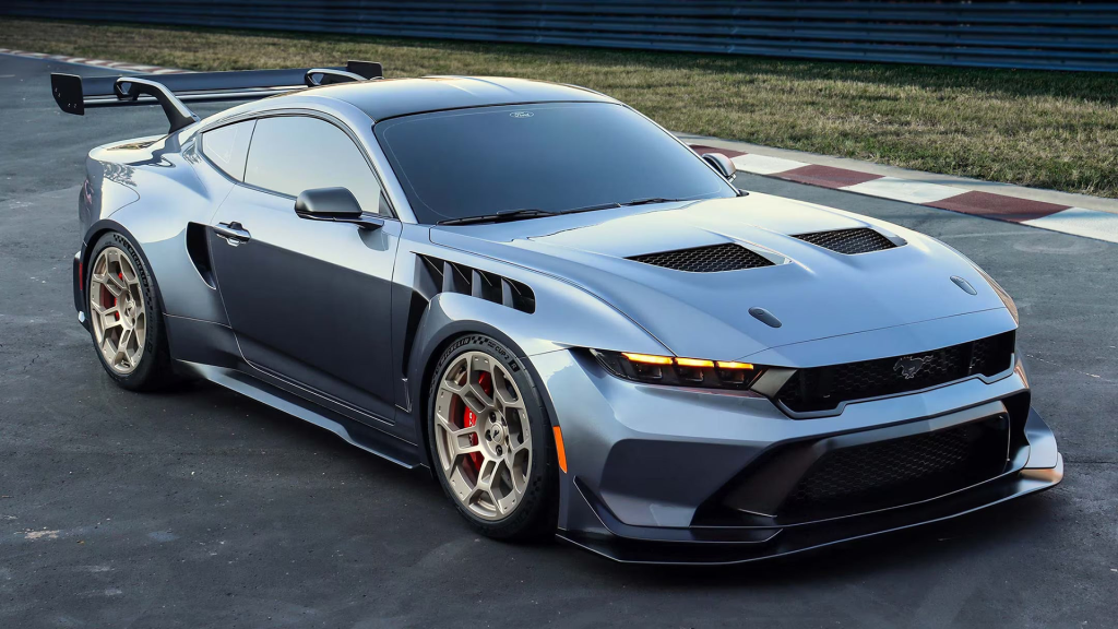 2025 Black Ford Mustang in race track