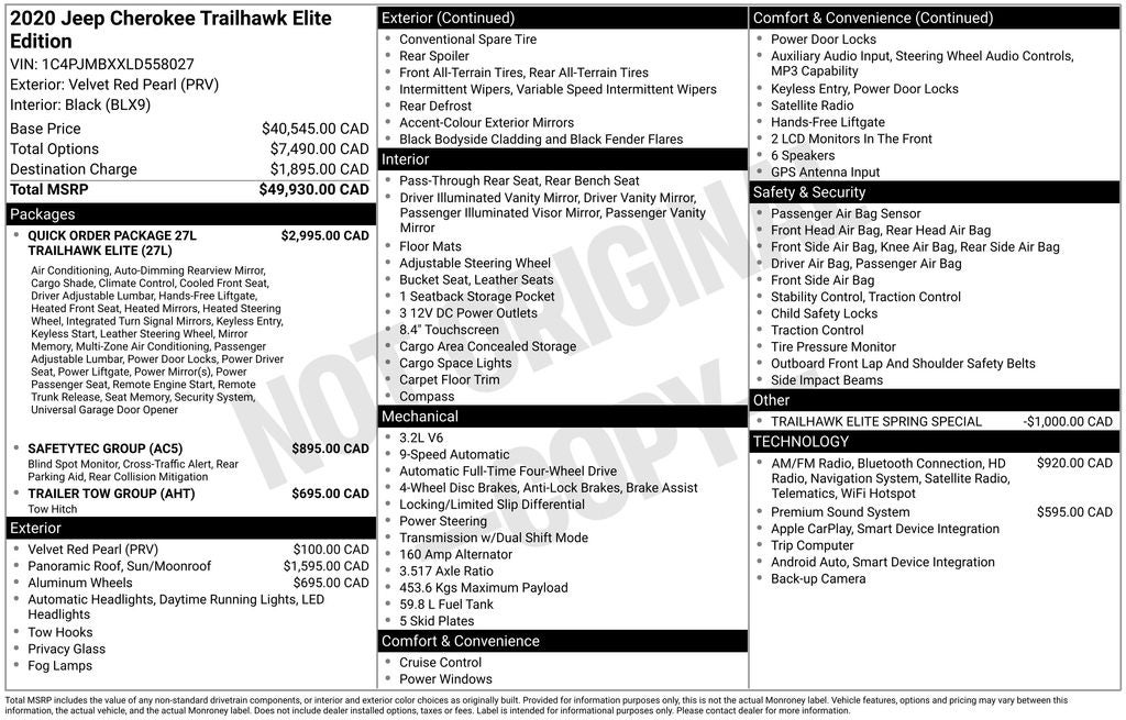 2020 Jeep Cherokee Trailhawk Navigation System & Full Sunroof