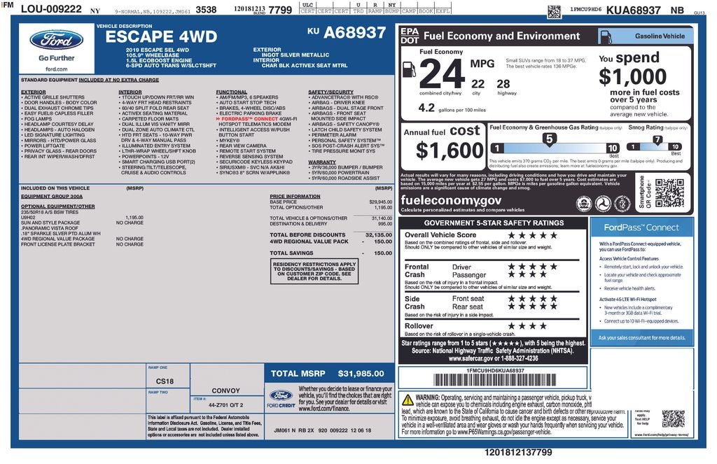 2019 Ford Escape SEL Panoramic Vista Roof