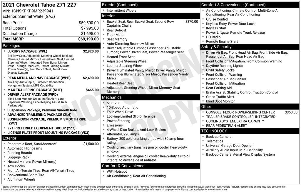 2021 Chevrolet Tahoe Z71 Rear Media & Nav Package