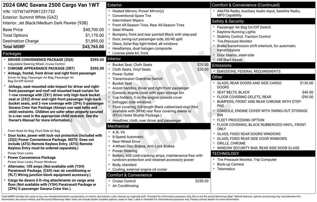 2024 GMC Savana 2500 Work Van Driver Convenience Package