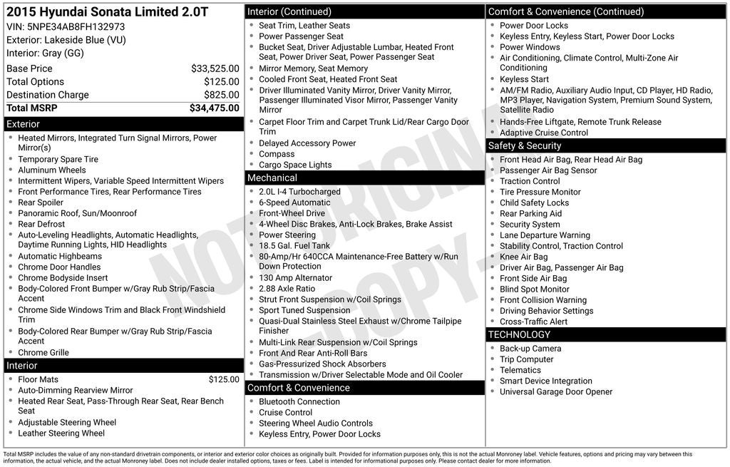 2015 Hyundai Sonata Limited Power moonroof