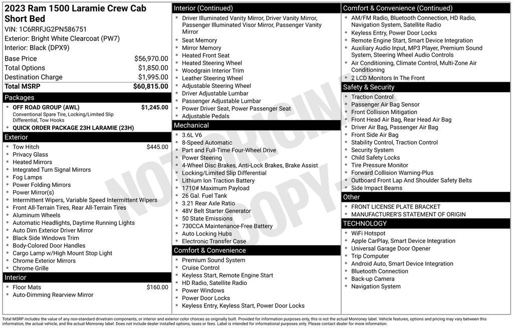 2023 RAM 1500 Laramie CREW CAB 4x4 Navigation Heated Front Leather Heate