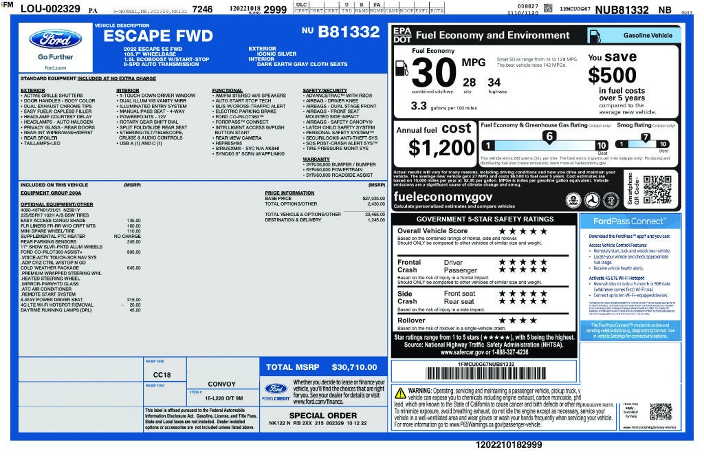 2022 Ford Escape SE CO PILOT 360 COLD WEATHER PKG SYNC 3