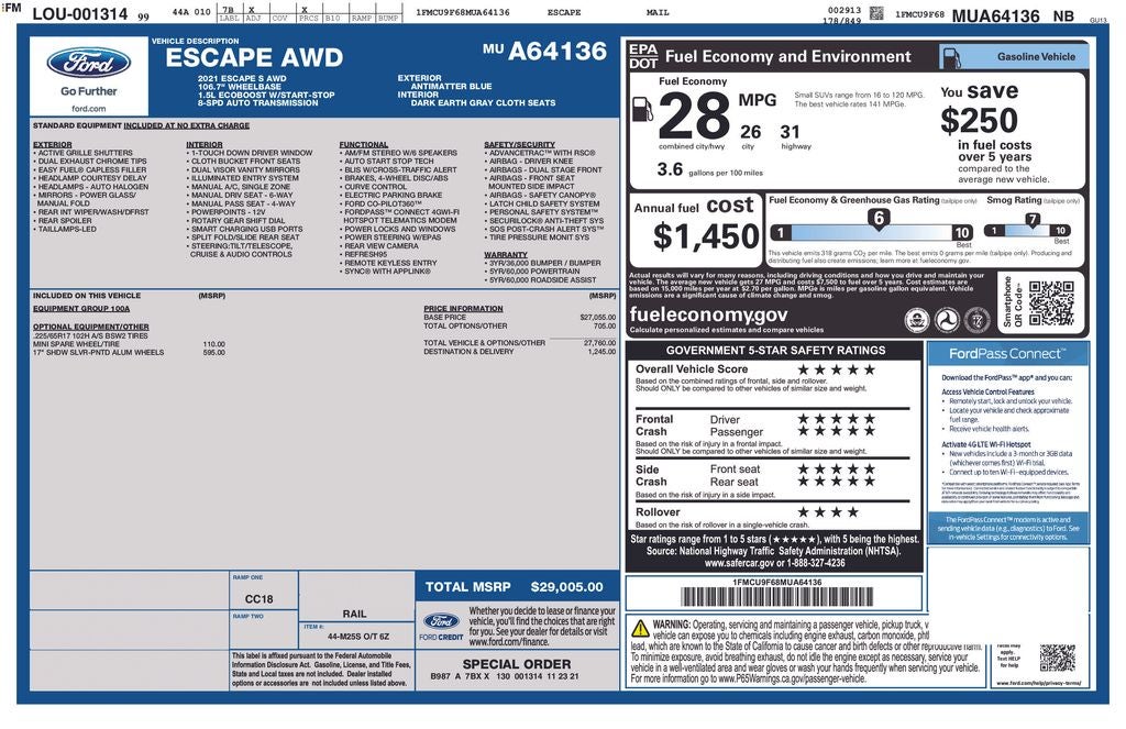 2021 Ford Escape S AWD SYNC REMOTE KEYLESS ENTRY REAR CAMERA