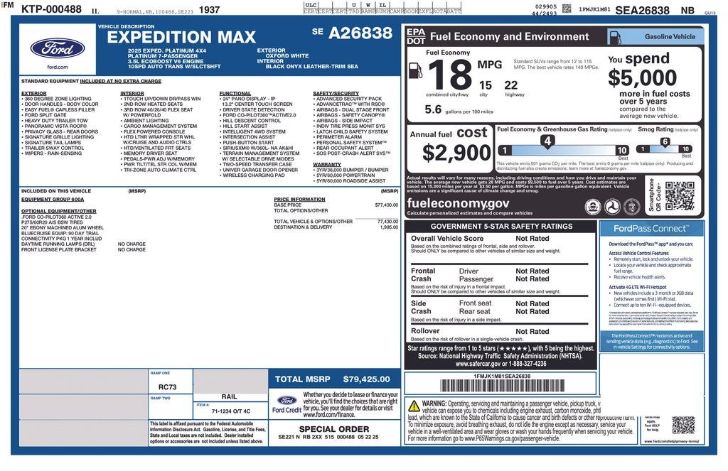2025 Ford Expedition Max Platinum Panoramic Roof Heated Ventilated Memory Seats Co P