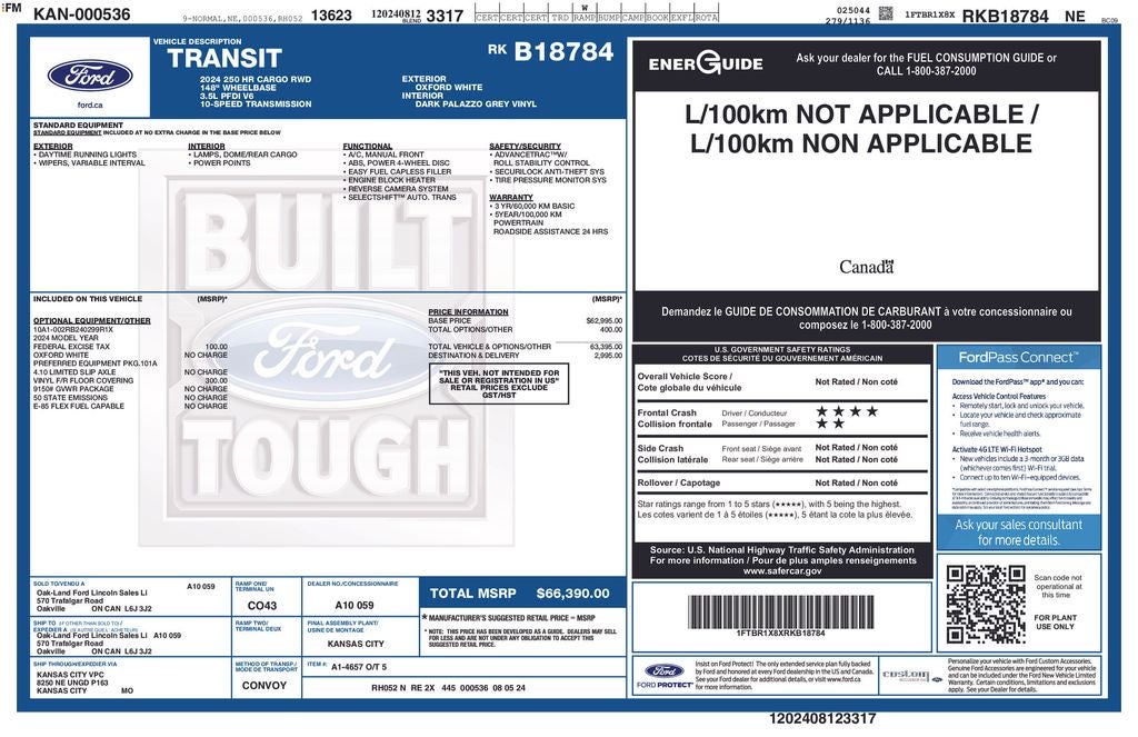 2024 Ford Transit-250 Base High Roof Cargo Van 148" Wheelbase Rear Camera