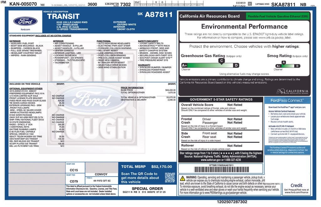 2025 Ford Transit-250 Base T-250 LOW ROOF CARGO VAN 148" WB