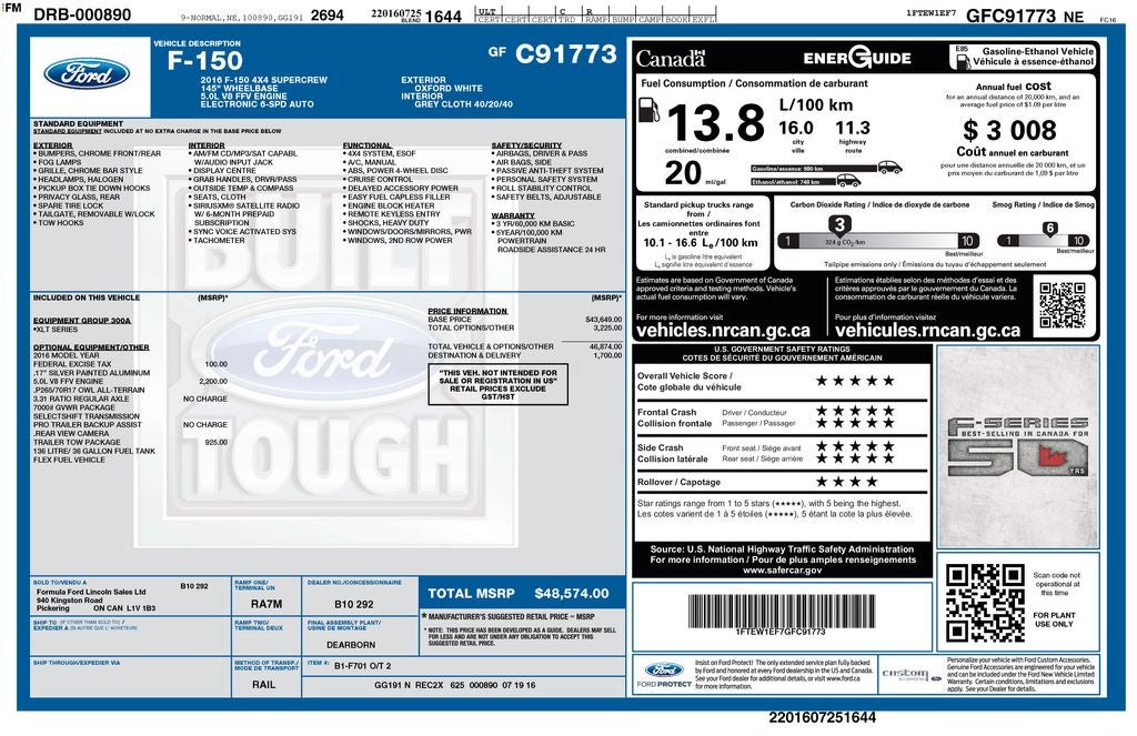 2016 Ford F-150 XLT Crew Cab 4x4 5.0 Liter V8 Rear Fiberglass Topper