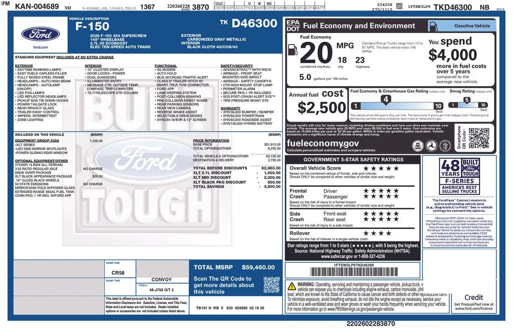 2026 Ford F-150 XLT 302A Pkg Crew Cab 4x4 Black Appearance Pkg Power S