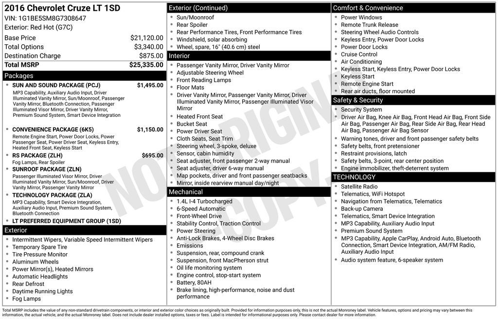 2016 Chevrolet Cruze LT RS Sport Power MoonRoof Alloys Power Seat