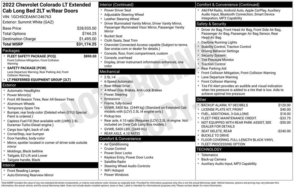 2022 Chevrolet Colorado LT Ext Cab Rear Camera Work Truck