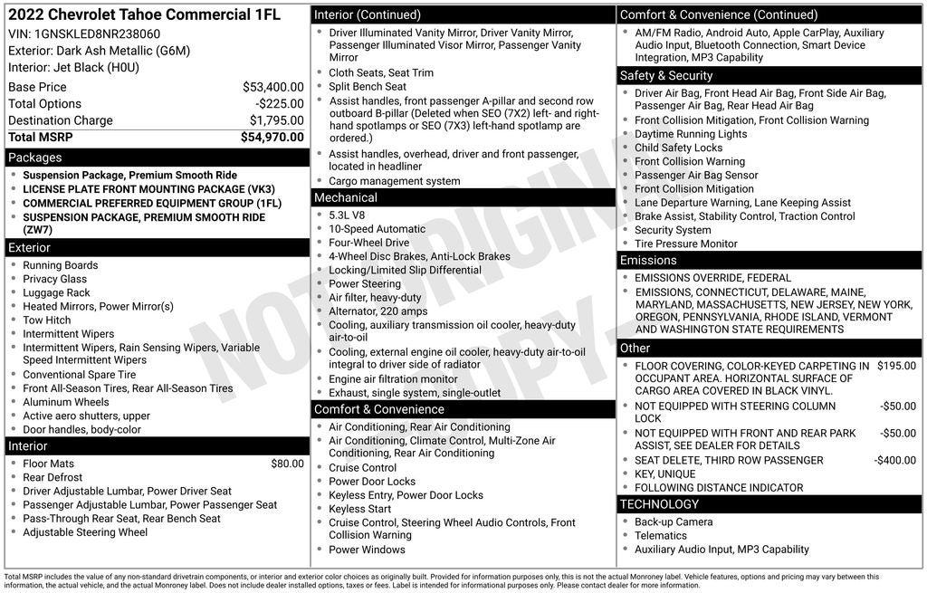 2022 Chevrolet Tahoe Commercial Fleet 4x4 Commercial Fleet Pkg 5.3 Liter V8