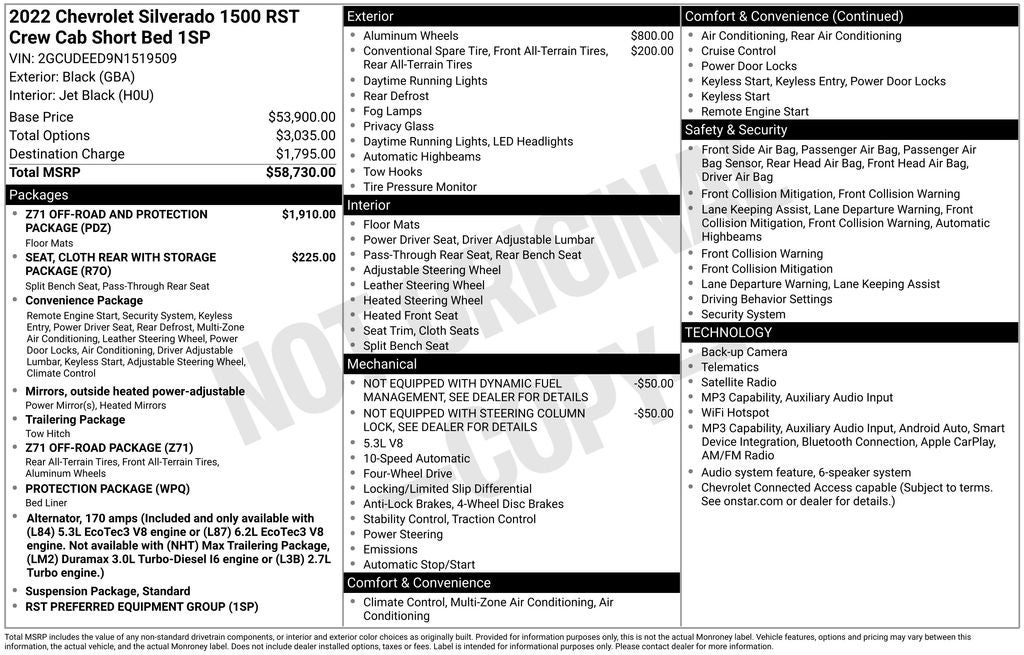 2022 Chevrolet Silverado 1500 RST Crew Cab Z71 Pkg Rear Camera 5.3Liter V8 Power Sea