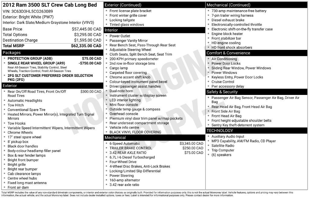 2012 RAM 3500 SLT Crew Cab 4x4 Cummings 6.7L Turbo Diesel