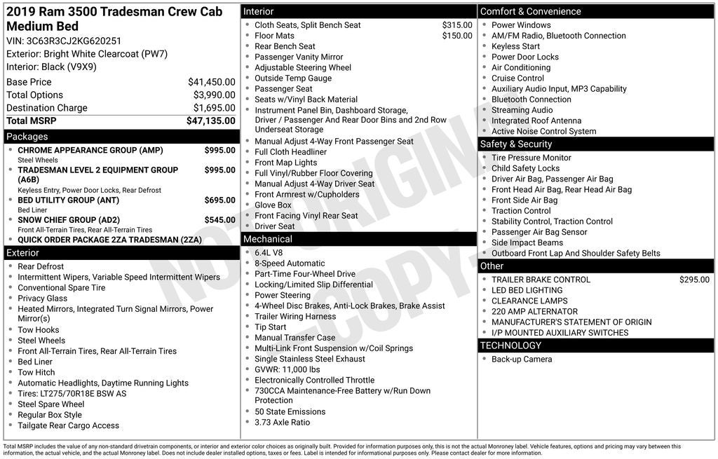 2019 RAM 3500 Tradesman Crew Cab 4x4 V8 6.4 Liter Hemi Fiberglass Topper T