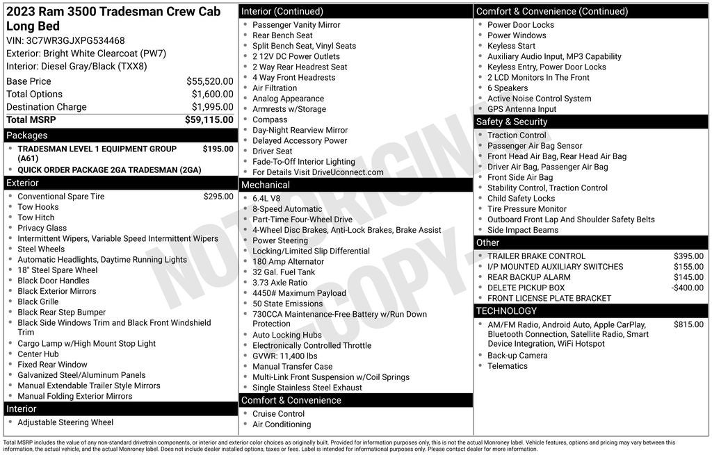 2023 RAM 3500 Tradesman CREW CAB 4X4 6.4L V8 XM RADIO