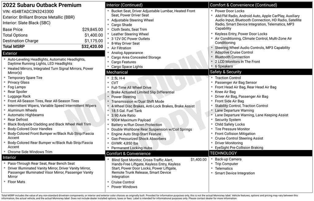 2022 Subaru Outback Premium Awd Blind Spot Pkg Rear Camera Heated Power Seats
