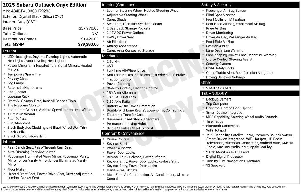 2025 Subaru Outback Onyx Edition AWD Leather Power Moonroof Rear Camera