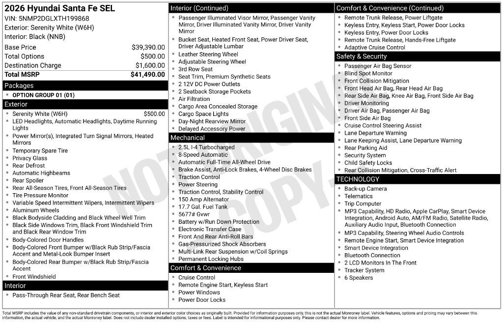 2026 Hyundai Santa Fe SEL AWD HEATD LEATHER POWER LIFTGATE