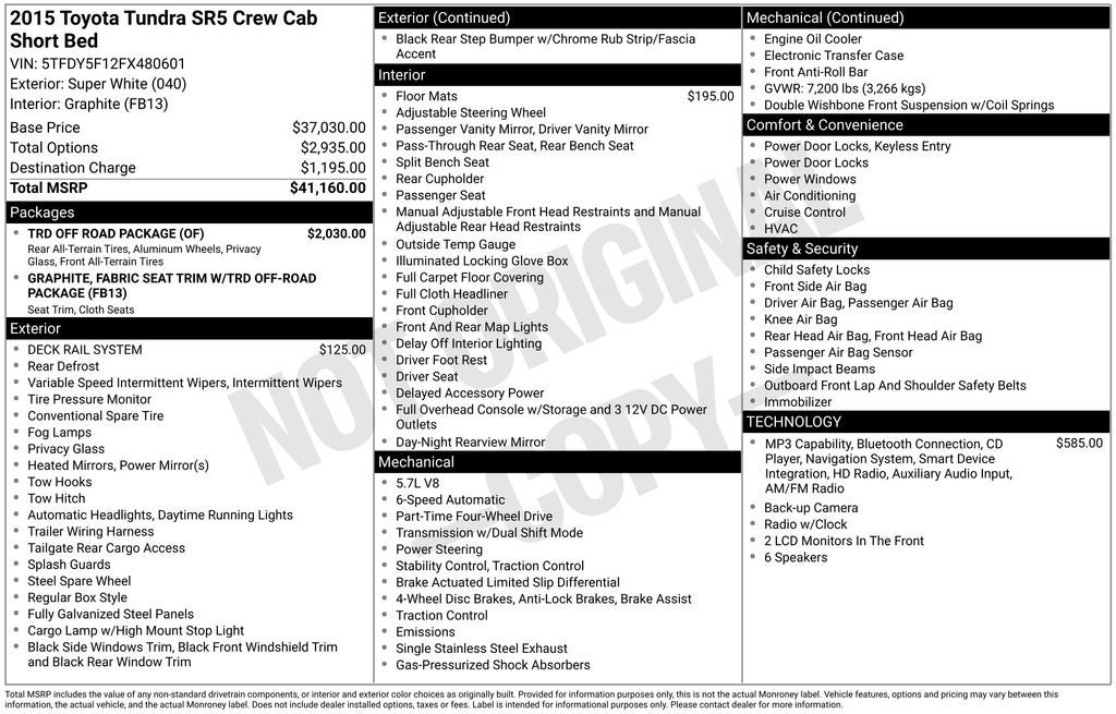 2015 Toyota Tundra SR5 Crew Max 5.7 Liter 4x4